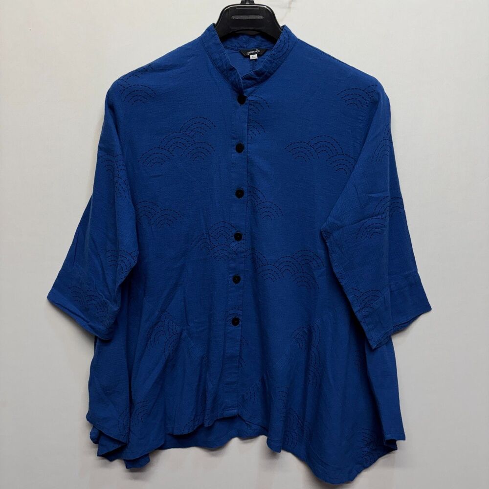 Yasuko Kurisaka 3/4 Sleeve Blouse Top Button Shirt Size XL X-Large Blue D123 -20